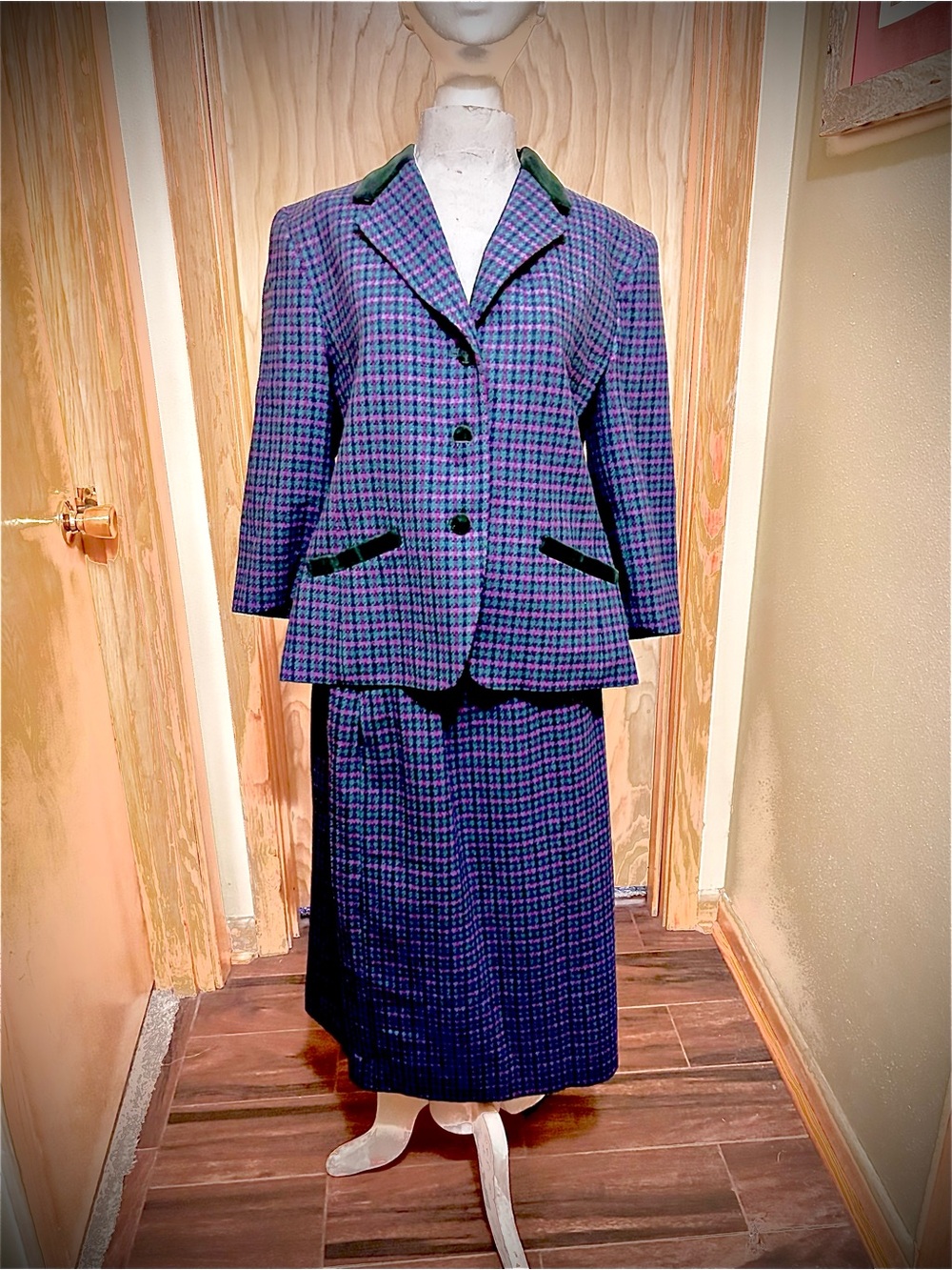 Beautiful Vintage Pendleton Petite Wool Suit with Velvet Trim